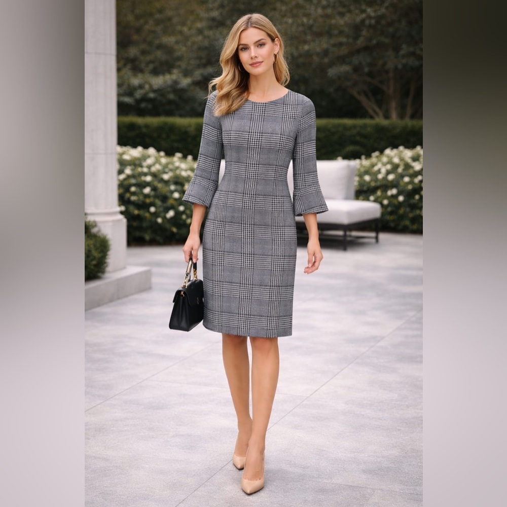 JUDE CONNALLY‎ Lyla Dress Size XS 3/4 Sleeve Flutter Bell Plaid Blue Black White